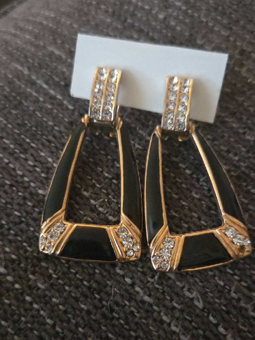 Vintage Fashion Gold tone Rhinestone and Black Enamel Clip-on Earrings
